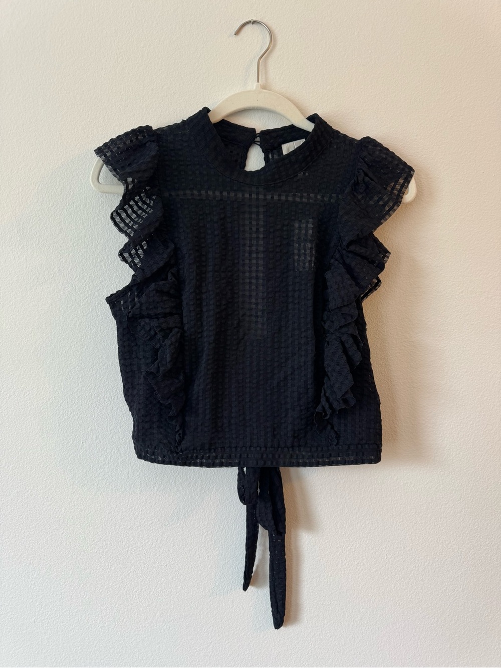 Maeve Black Sheer Textured Ruffle-Sleeve Blouse